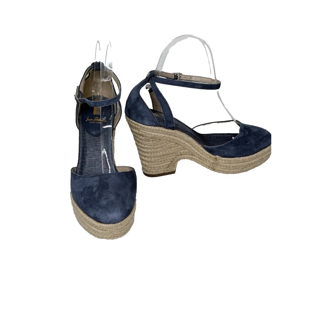 Sam Edelman Espadrille Wedge Sandals Womens Size 7.5 Blue Suede Ankle Strappy